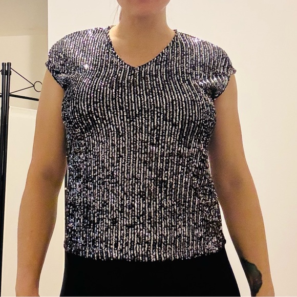 CeCe Sequin Short Sleeve Top in Sheer Black and Silver - Picture 3 of 6